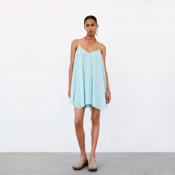 NEW ZARA Pleated Baby Floral Blue Camisole Style Mini Dress, Size M - Picture 2 of 16